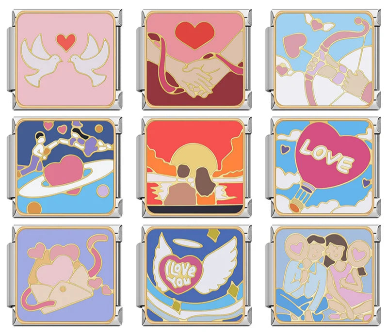 Romantic Love Story & Couples Italian Charms – overview of 9 enamel charms: love doves with heart, couple holding hands, cupid bow and arrow, couple on planet, couple watching sunset, love heart hot air balloon, love letter envelope, I Love You angel heart, and couple with heart balloons, Italian charm bracelet charms by Charmtastic