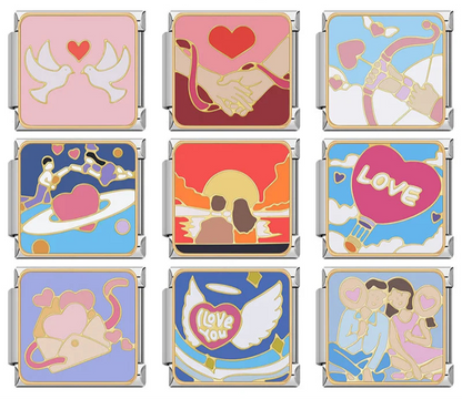 Romantic Love Story & Couples Italian Charms – overview of 9 enamel charms: love doves with heart, couple holding hands, cupid bow and arrow, couple on planet, couple watching sunset, love heart hot air balloon, love letter envelope, I Love You angel heart, and couple with heart balloons, Italian charm bracelet charms by Charmtastic