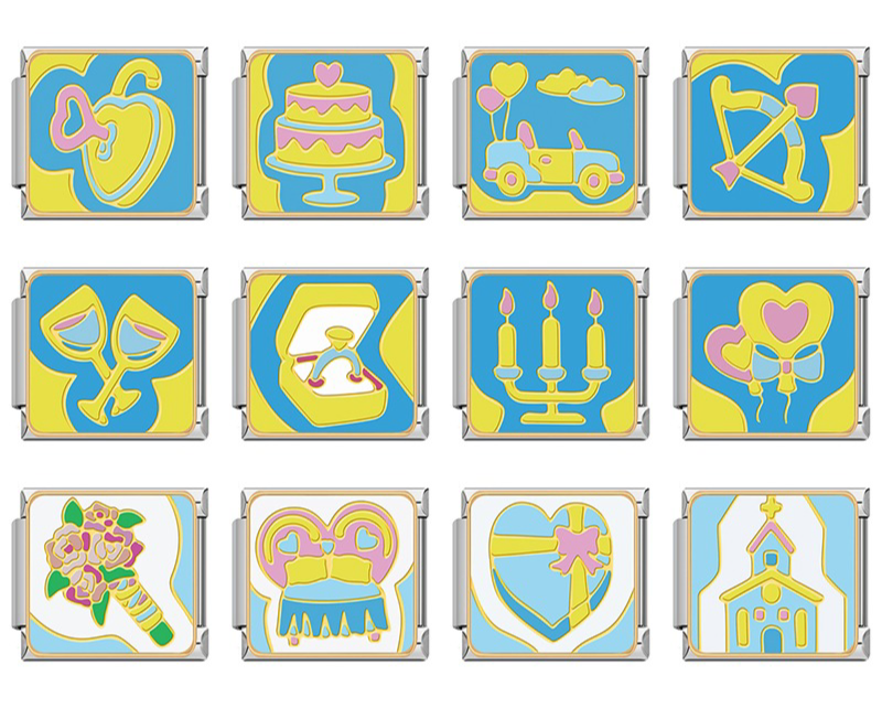 A set of 12 wedding-themed Italian charms on silver 9mm modular links featuring illustrations of an engagement ring, wedding cake, chapel, and romantic hearts - Charmtastic