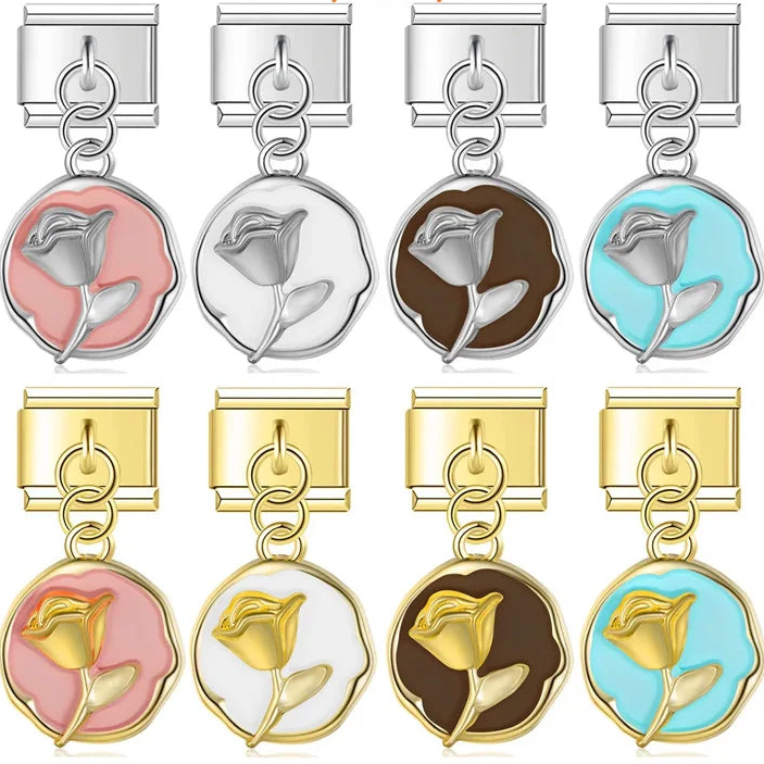 Round Flower Dangle Charms – rose disc charm in pink, white, brown, and teal enamel across silver and gold, Italian charm bracelet charms by Charmtastic