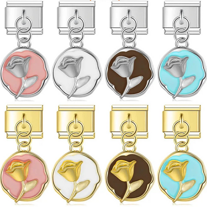 Round Flower Dangle Charms – rose disc charm in pink, white, brown, and teal enamel across silver and gold, Italian charm bracelet charms by Charmtastic