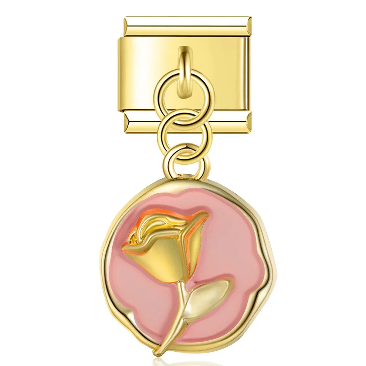 Round Flower Dangle Charms – rose disc charm in pink enamel on gold, Italian charm bracelet charm by Charmtastic