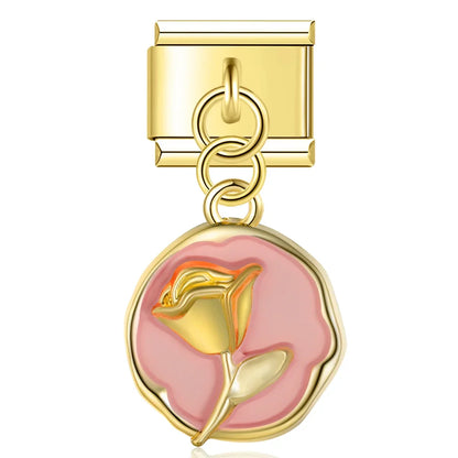 Round Flower Dangle Charms – rose disc charm in pink enamel on gold, Italian charm bracelet charm by Charmtastic