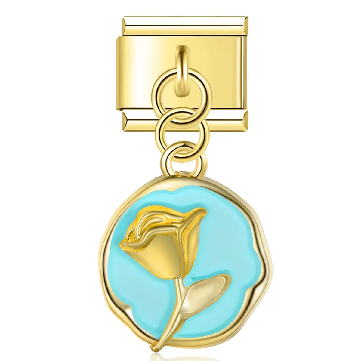 Round Flower Dangle Charms – rose disc charm in teal enamel on gold, Italian charm bracelet charm by Charmtastic