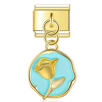 Round Flower Dangle Charms – rose disc charm in teal enamel on gold, Italian charm bracelet charm by Charmtastic