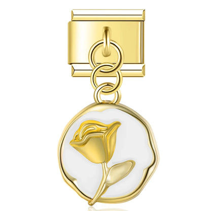 Round Flower Dangle Charms – rose disc charm in white enamel on gold, Italian charm bracelet charm by Charmtastic