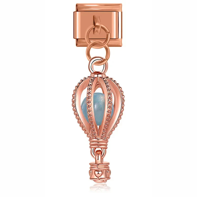 Rose gold sky blue hot air balloon dangle Italian charm, by Charmtastic