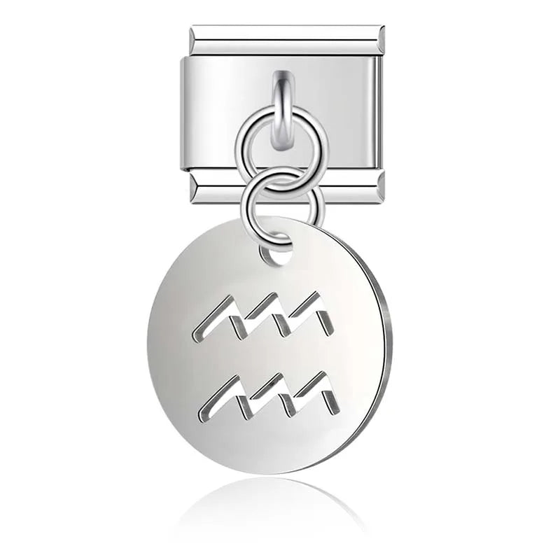silver Round 12 Constellation dangle charms – silver Aquarius zodiac sign charm, Italian charm bracelet charm by Charmtastic
