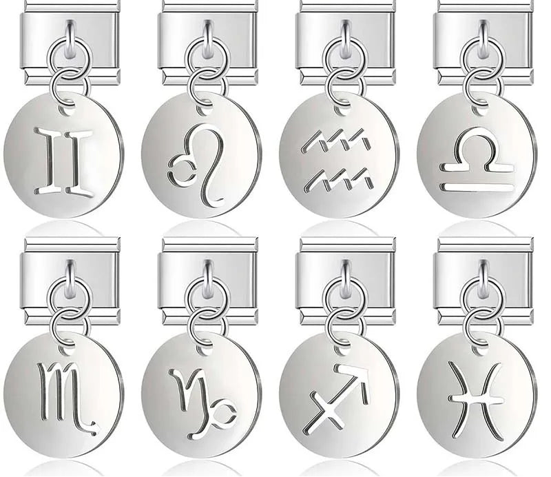 silver Round 12 Constellation dangle charms – stainless steel zodiac sign charm set including Gemini, Leo, Aquarius, Libra, Scorpio, Capricorn, Sagittarius, and Pisces, Italian charm bracelet charms by Charmtastic