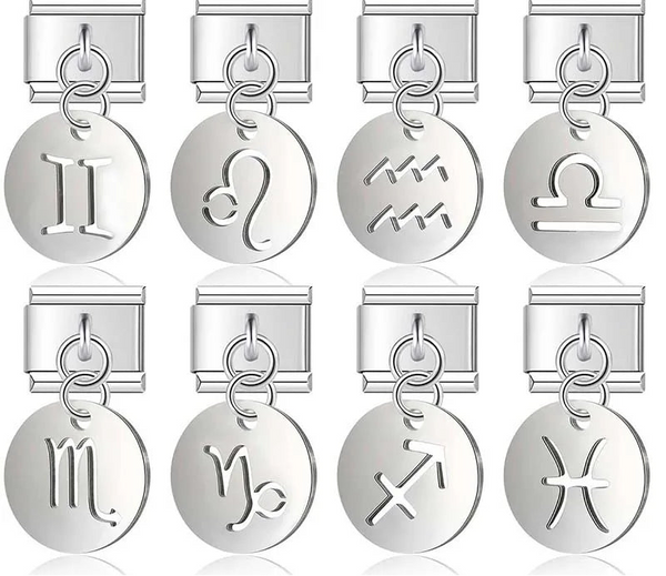 silver Round 12 Constellation dangle charms – stainless steel zodiac sign charm set including Gemini, Leo, Aquarius, Libra, Scorpio, Capricorn, Sagittarius, and Pisces, Italian charm bracelet charms by Charmtastic