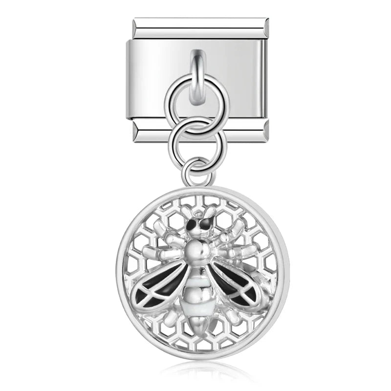 Round Beehive Bee Charms Italian Link – second view of round honeycomb bee dangle charm in black, silver, Italian charm bracelet charm by Charmtastic