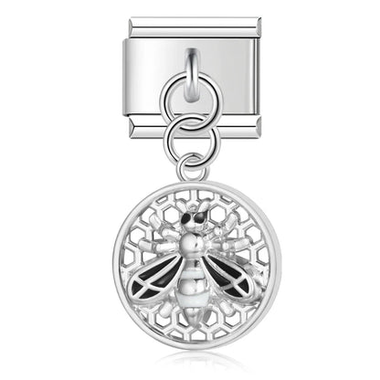 Round Beehive Bee Charms Italian Link – second view of round honeycomb bee dangle charm in black, silver, Italian charm bracelet charm by Charmtastic
