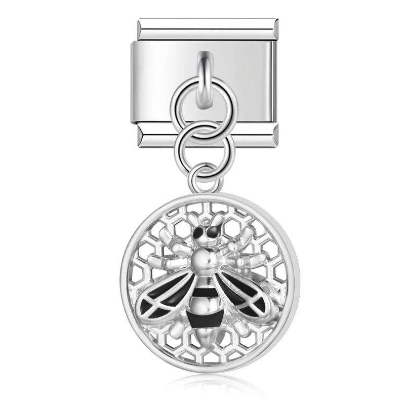 Round Beehive Bee Charms Italian Link – round honeycomb bee dangle charm in black, silver, Italian charm bracelet charm by Charmtastic