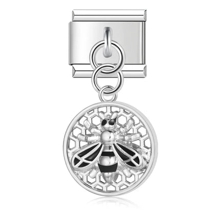 Round Beehive Bee Charms Italian Link – round honeycomb bee dangle charm in black, silver, Italian charm bracelet charm by Charmtastic