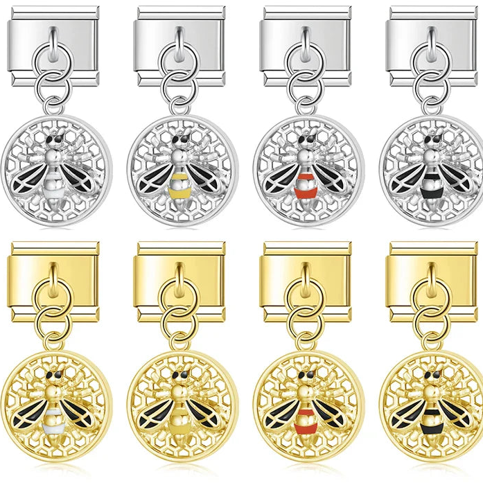 Round Beehive Bee Charms Italian Link – round honeycomb bee dangle charm in white, yellow, red, and black, silver and gold, Italian charm bracelet charms by Charmtastic