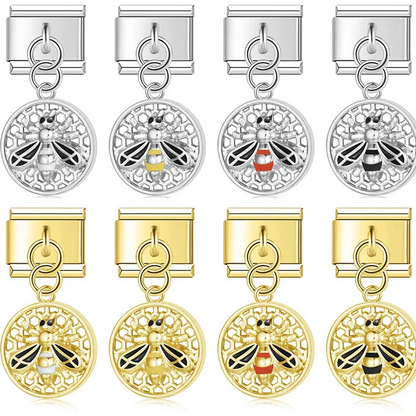 Round Beehive Bee Charms Italian Link – round honeycomb bee dangle charm in white, yellow, red, and black, silver and gold, Italian charm bracelet charms by Charmtastic