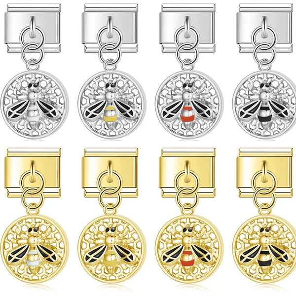 Round Beehive Bee Charms Italian Link – round honeycomb bee dangle charm in white, yellow, red, and black, silver and gold, Italian charm bracelet charms by Charmtastic
