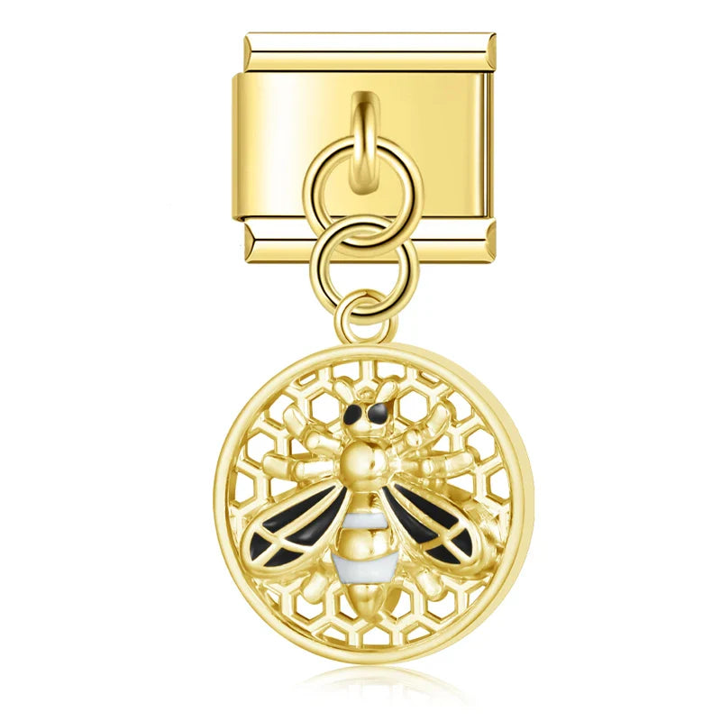 Round Beehive Bee Charms Italian Link – round honeycomb bee dangle charm in white, gold, Italian charm bracelet charm by Charmtastic