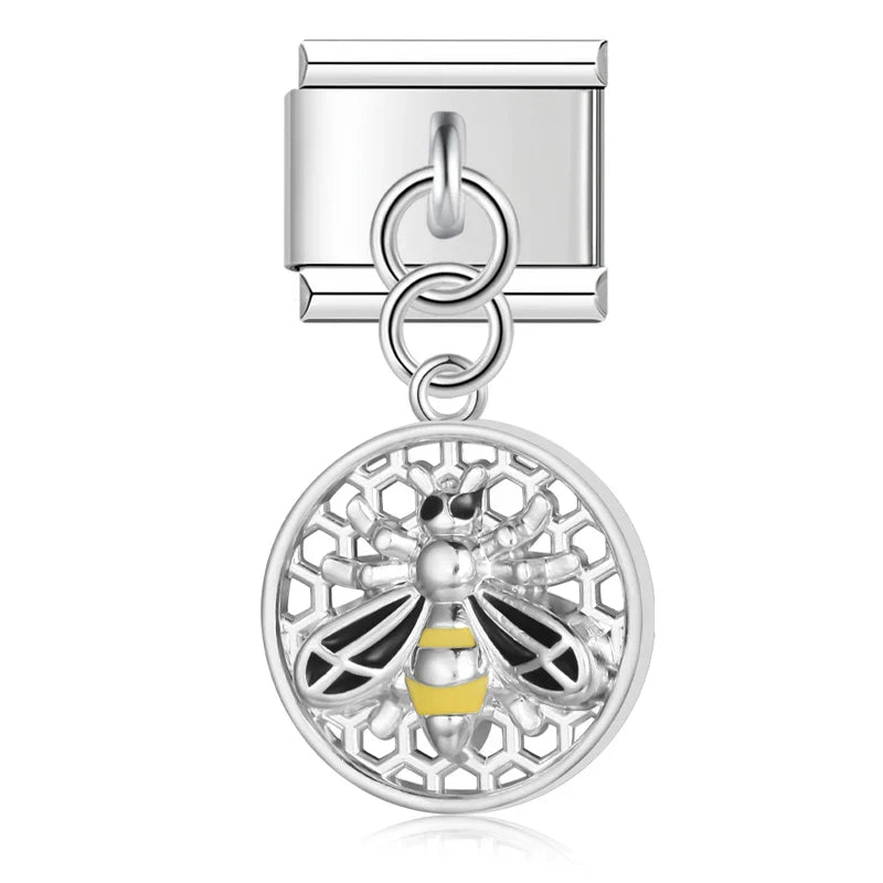 Round Beehive Bee Charms Italian Link – round honeycomb bee dangle charm in yellow, silver, Italian charm bracelet charm by Charmtastic