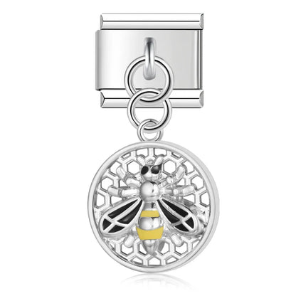 Round Beehive Bee Charms Italian Link – round honeycomb bee dangle charm in yellow, silver, Italian charm bracelet charm by Charmtastic