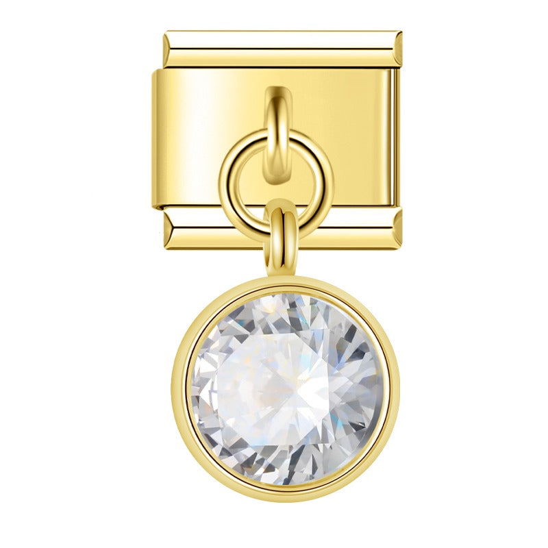 Gold round dangle charm with clear crystal — Italian charm bracelet, by Charmtastic