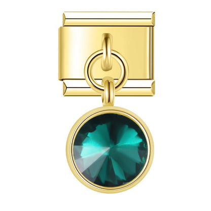 Gold round dangle charm with emerald green crystal — Italian charm bracelet, by Charmtastic