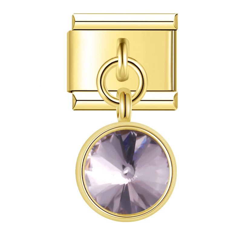 Gold round dangle charm with purple crystal — Italian charm bracelet, by Charmtastic
