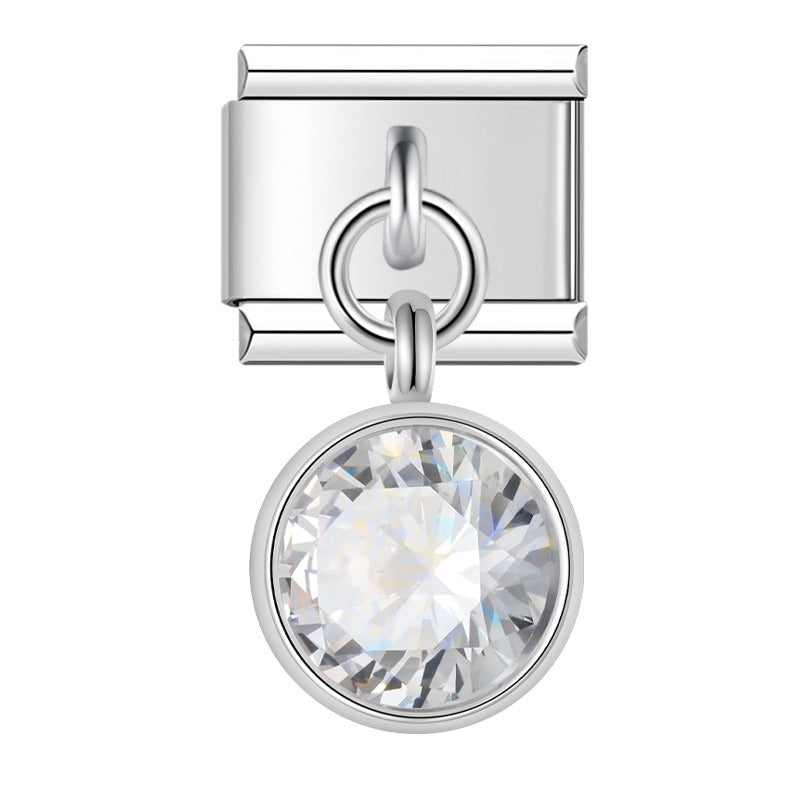 Silver round dangle charm with clear crystal — Italian charm bracelet, by Charmtastic