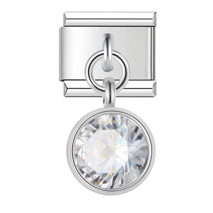 Silver round dangle charm with clear crystal — Italian charm bracelet, by Charmtastic