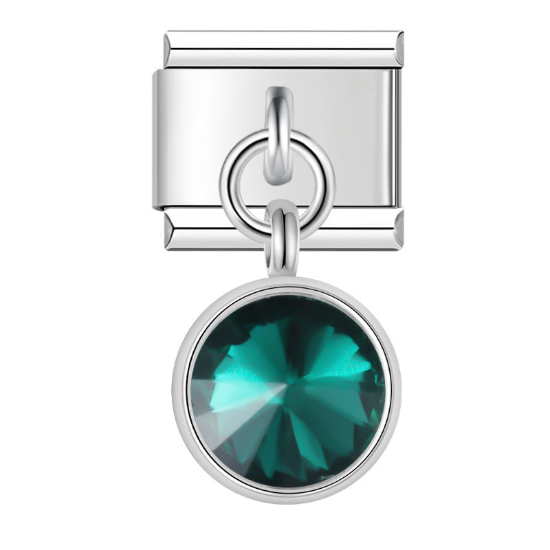 Silver round dangle charm with emerald green crystal — Italian charm bracelet, by Charmtastic