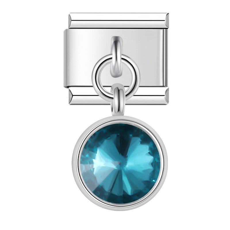 Silver round dangle charm with teal crystal — Italian charm bracelet, by Charmtastic