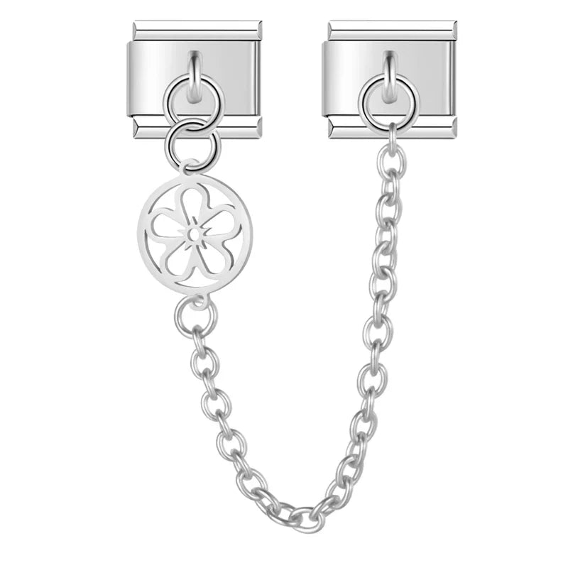 Silver flower round safety chain link — Italian charm bracelet, by Charmtastic