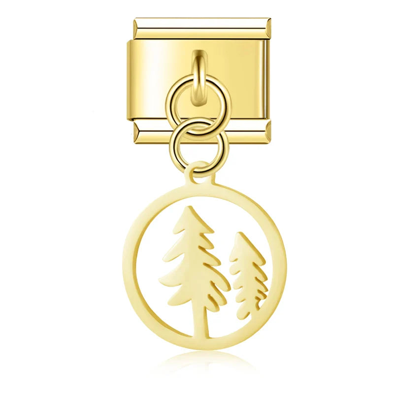 Gold pine tree round safety chain link — Italian charm bracelet, by Charmtastic