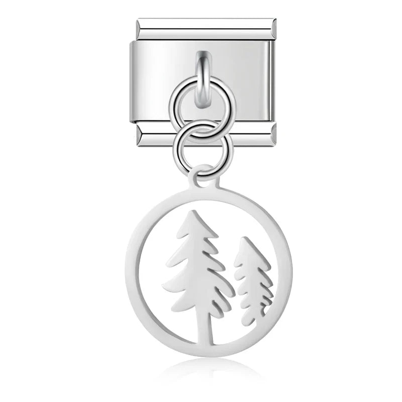 Silver pine tree round safety chain link — Italian charm bracelet, by Charmtastic