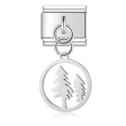 Silver pine tree round safety chain link — Italian charm bracelet, by Charmtastic
