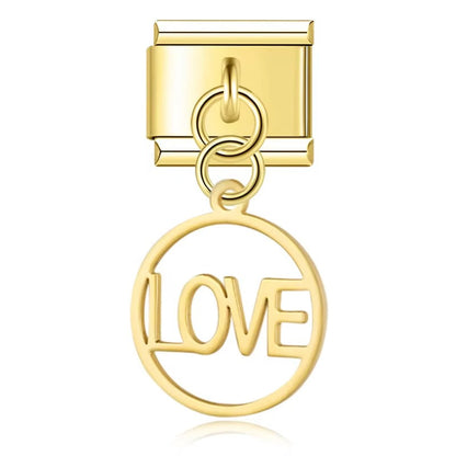 Round Infinite Mama Love Family Butterfly – LOVE text circle charm in gold, Italian charm bracelet charm by Charmtastic