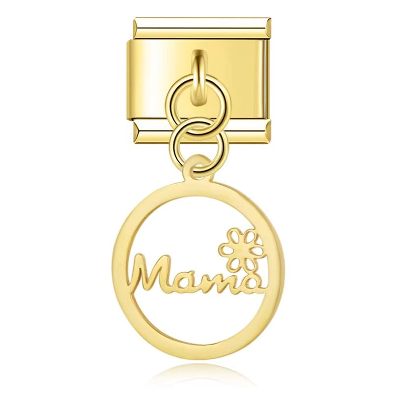 Round Infinite Mama Love Family Butterfly – Mama script circle charm in gold, Italian charm bracelet charm by Charmtastic