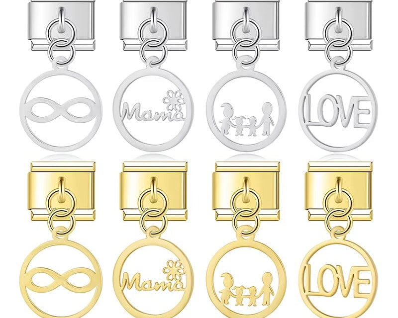 Round Infinite Mama Love Family Butterfly – infinity, Mama, family, and LOVE circle charms in silver and gold, Italian charm bracelet charms by Charmtastic