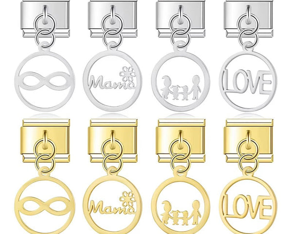 Round Infinite Mama Love Family Butterfly – infinity, Mama, family, and LOVE circle charms in silver and gold, Italian charm bracelet charms by Charmtastic
