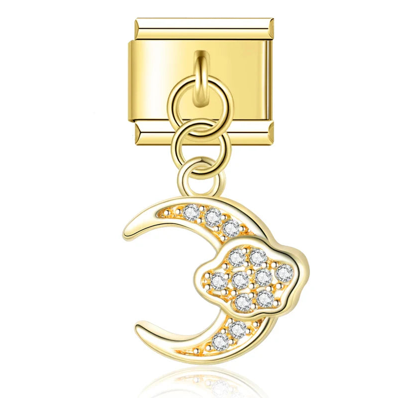 Gold crescent moon CZ dangle Italian charm, by Charmtastic