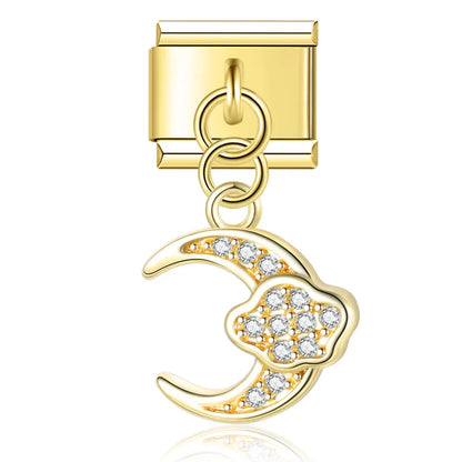 Gold crescent moon CZ dangle Italian charm, by Charmtastic