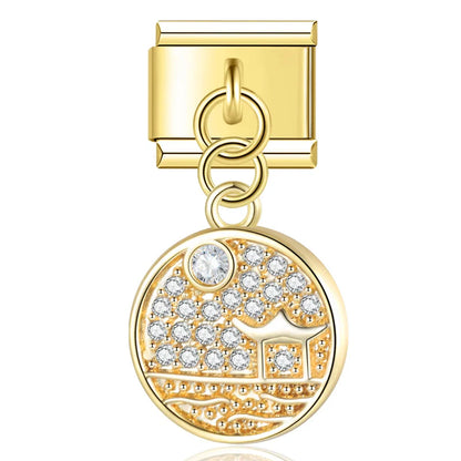 Gold round pave disc CZ dangle Italian charm, by Charmtastic