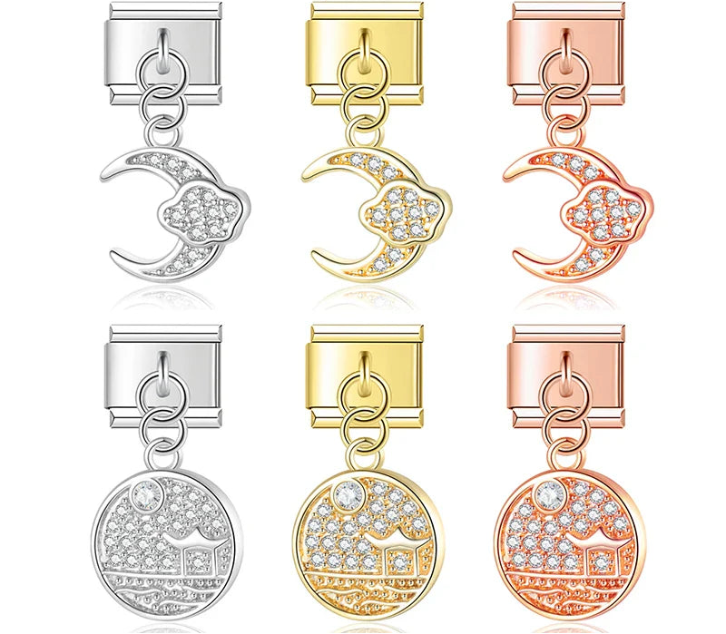 Round pave disc and crescent moon CZ dangle Italian charms collection, by Charmtastic