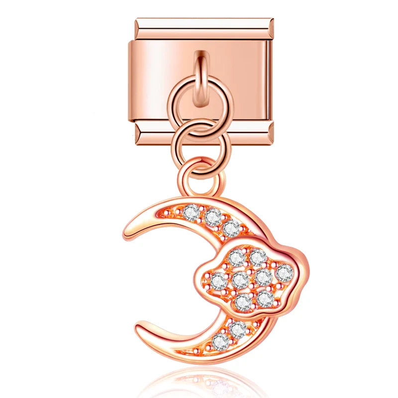 Rose gold crescent moon CZ dangle Italian charm, by Charmtastic