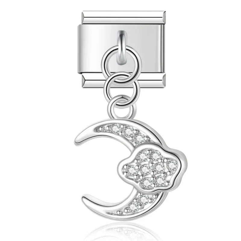 Silver crescent moon CZ dangle Italian charm, by Charmtastic
