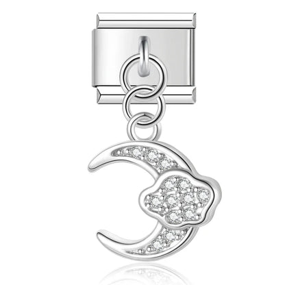 Silver crescent moon CZ dangle Italian charm, by Charmtastic