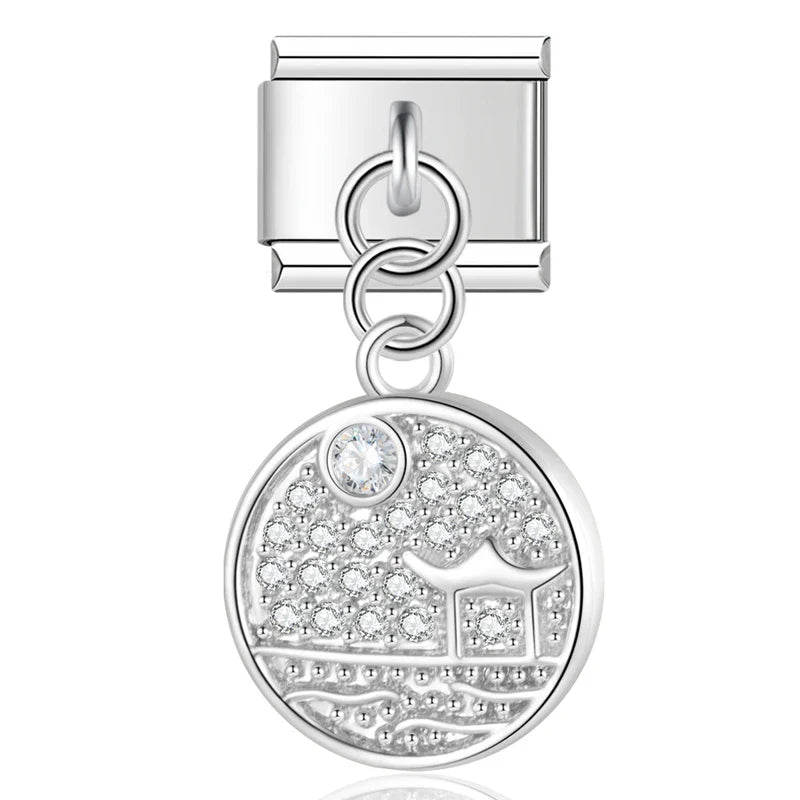 Silver round pave disc CZ dangle Italian charm, by Charmtastic