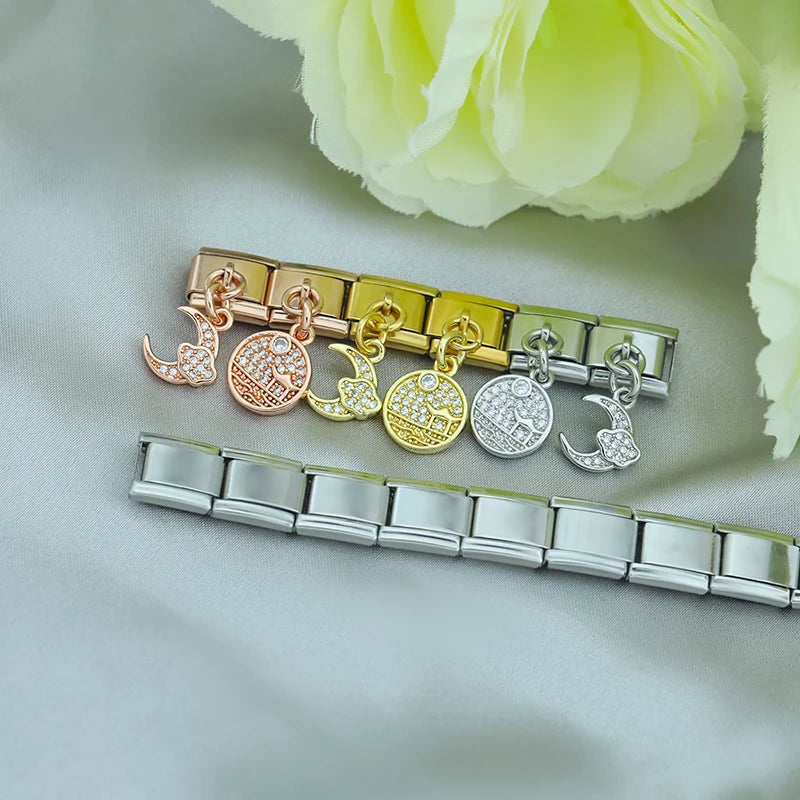 Round moon CZ dangle Italian charm — 9mm bracelet, by Charmtastic