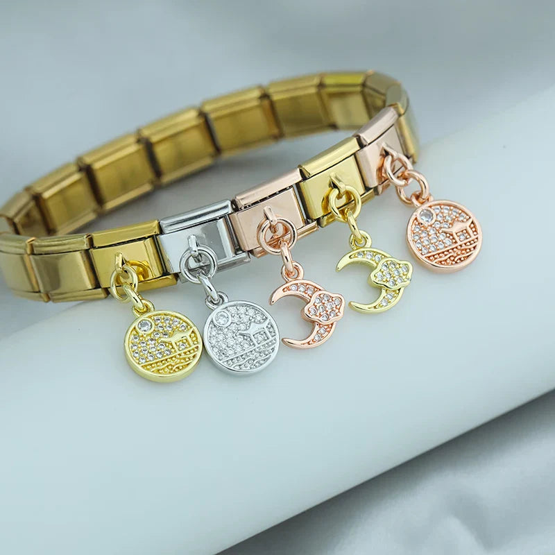 Round moon CZ dangle Italian charm detail — 9mm bracelet, by Charmtastic