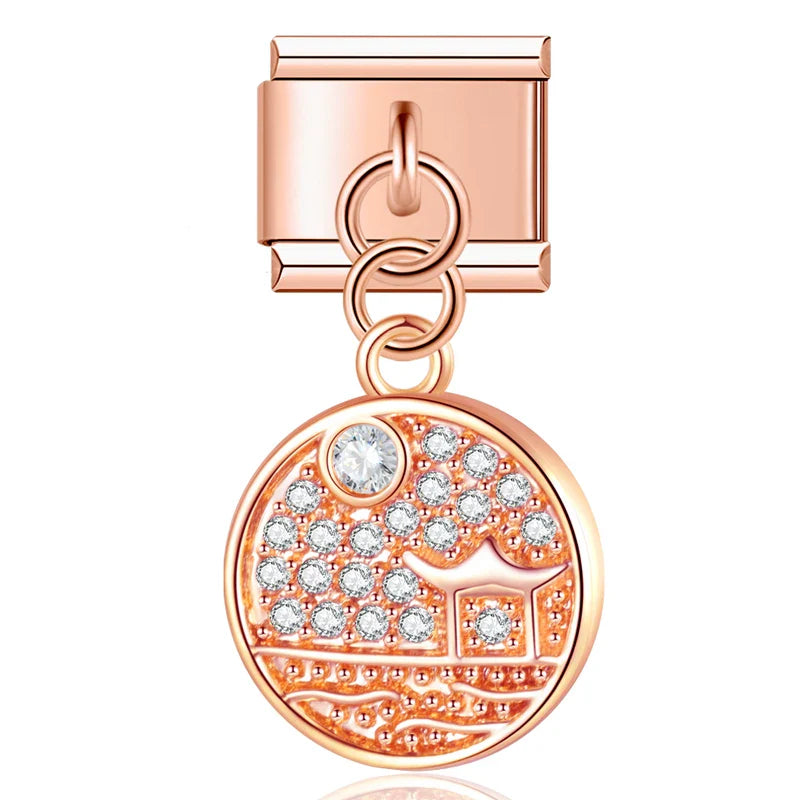Crescent moon CZ dangle Italian charm close-up — 9mm bracelet, by Charmtastic